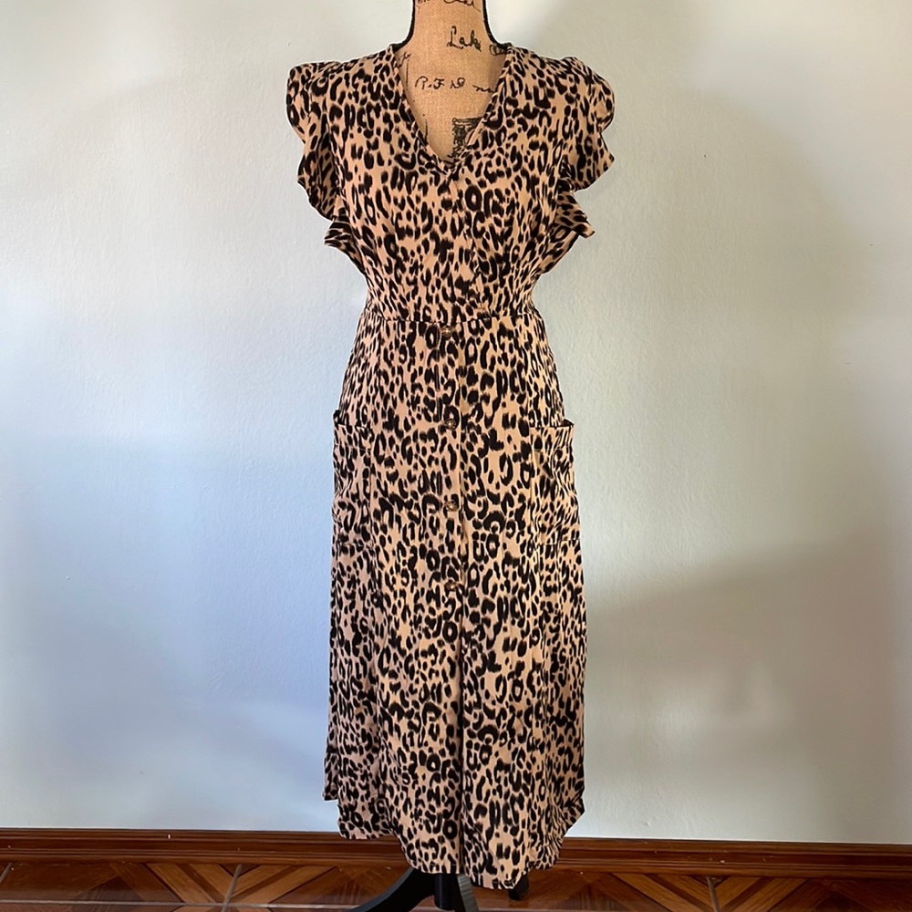Leopard Button Front Midi Dress with Ruffle Trim - Picture 2 of 8